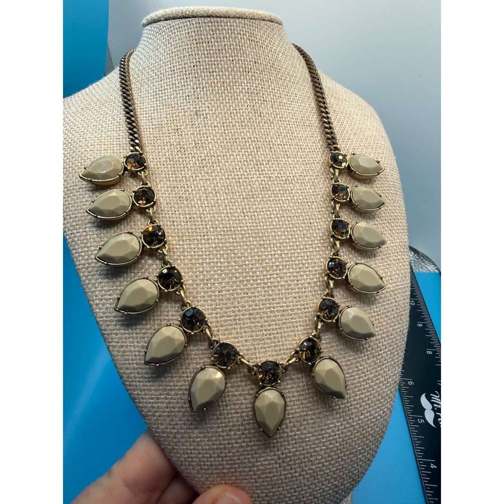 J.Crew Antique Gold Tone Tan Teardrop & Smoky Crystal Statement Bib Necklace
